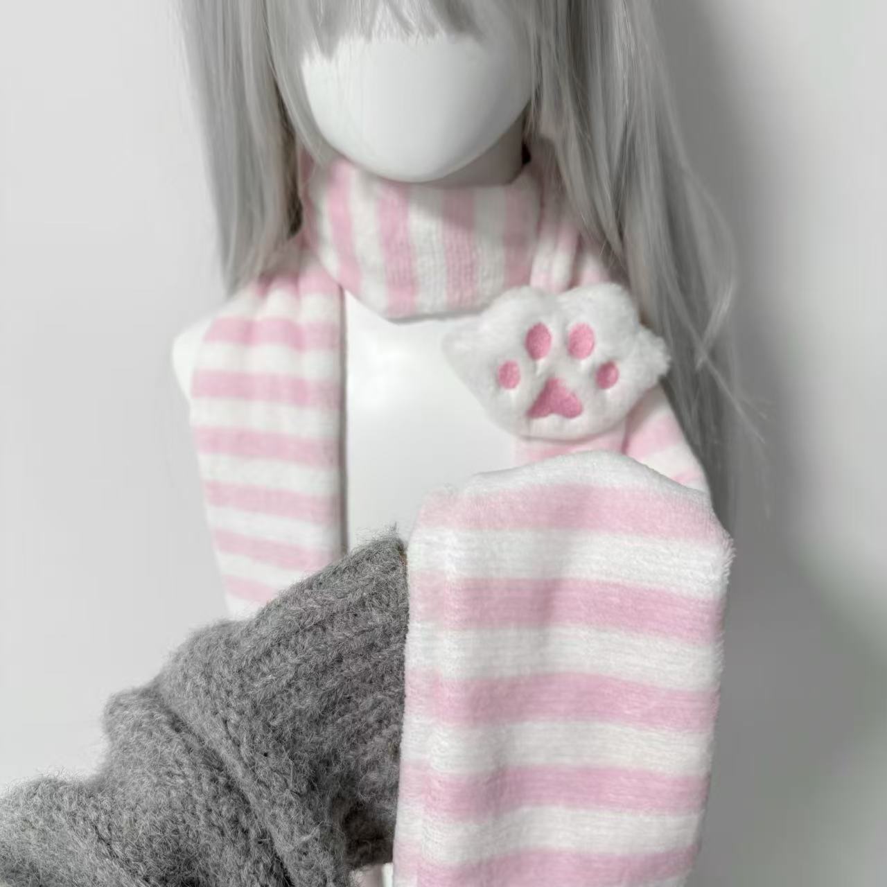 Original Homemade Mass-Produced Watercolor Pink Cute Cat Claw Japanese Style Stripesd Scarf Two-Dimensional Scarf