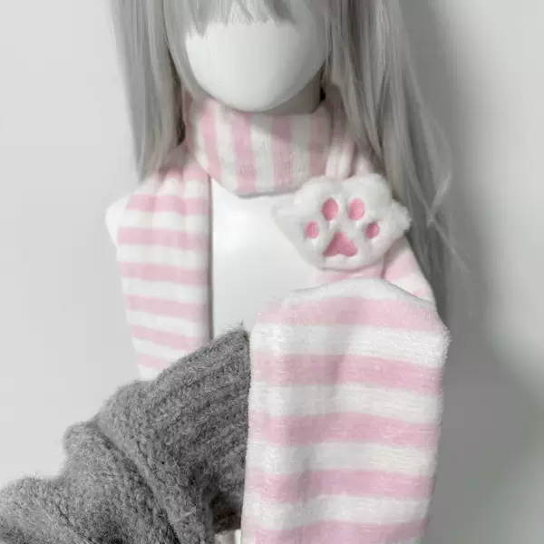 Original Homemade Mass-Produced Watercolor Pink Cute Cat Claw Japanese Style Stripesd Scarf Two-Dimensional Scarf