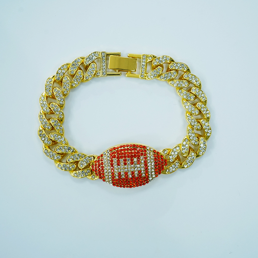 Hip Hop transfronterizo pulsera de aleación de rugby rojo personalidad hombre completo diamante fábrica de pulsera de rugby cubano al por mayor