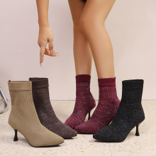 外贸大码25秋季新款瘦瘦靴女高跟短靴针织袜靴薄款尖头细跟时装靴