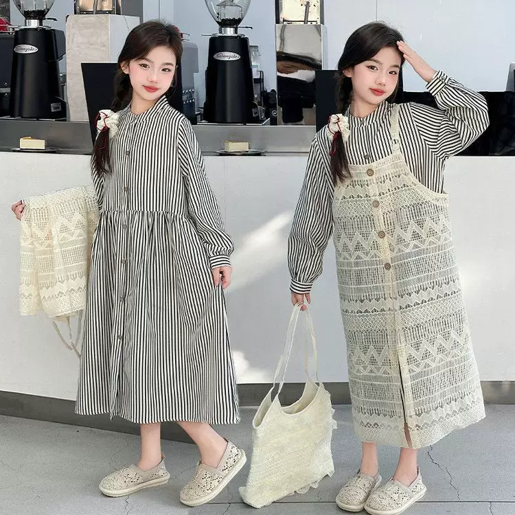 女童镂空罩衫叠穿条纹衬衫裙套装女孩2025春新款高级连衣裙两件套