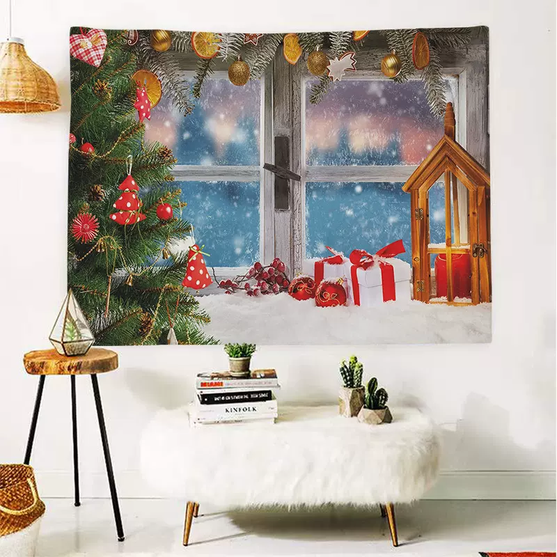 跨境速卖通圣诞节节日装饰背景布挂毯定制高级感涤纶挂布卧室墙布