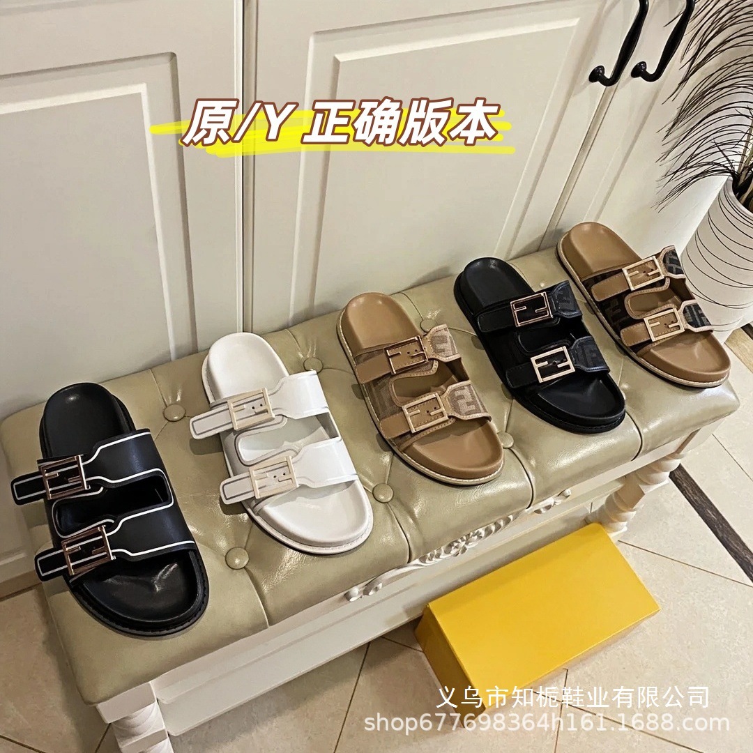 F家字母金属扣拖鞋女2026夏新款老花复古百搭帆布厚底情侣一字拖