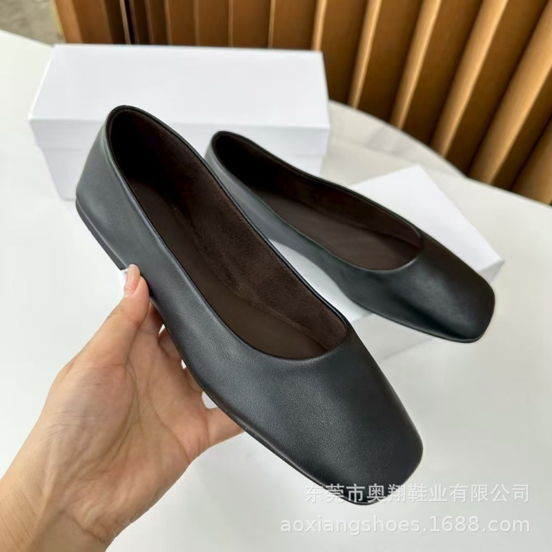 工厂现货row 家同款无标超软小牛皮方头极简平底单鞋舒适奶奶鞋女|undefined
