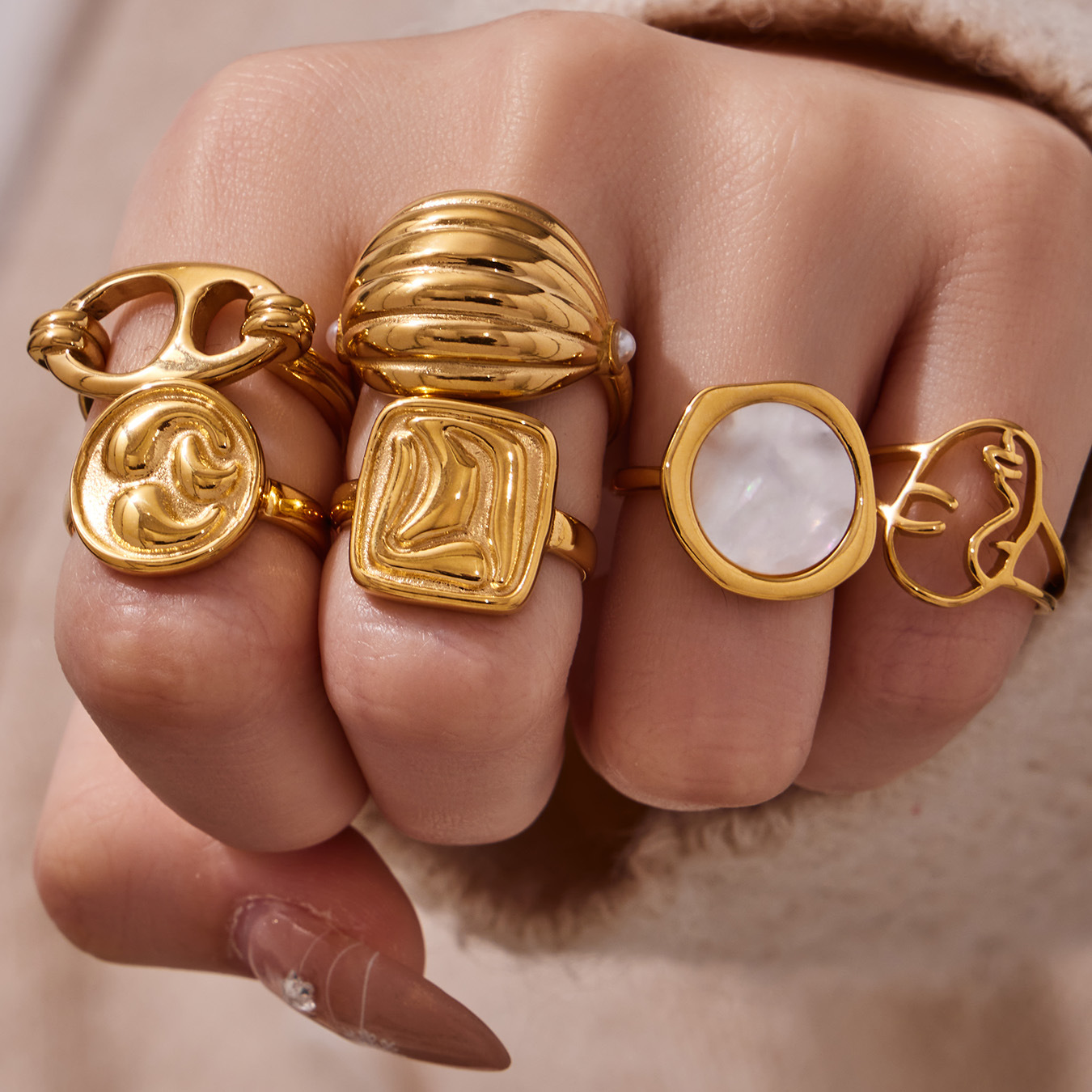 Geheimnisvolles, geometrisches und unregelmäßiges offenes Ring-Set im Retro-Nischendesign, personalisierter Damenring aus Edelstahl_voghion.com