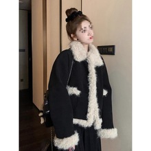 冬季新款美式复古加厚保暖羊羔毛拼接棉衣短款上衣棉服外套女