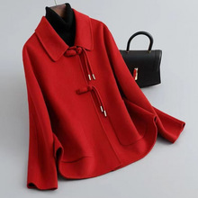 红色双面绒羊毛中式短款高端小个子大码宽松秋冬新款羊毛呢子外套