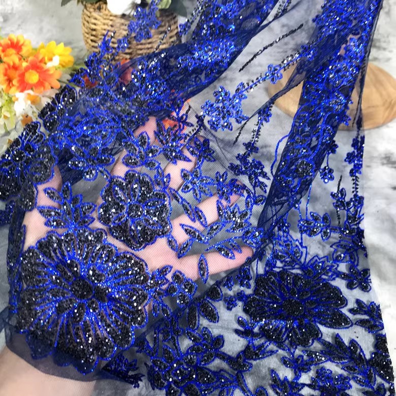 钻石宝蓝色深蓝色双色烫金烫粉花朵闪亮闪光婚纱礼服亮片布料面料