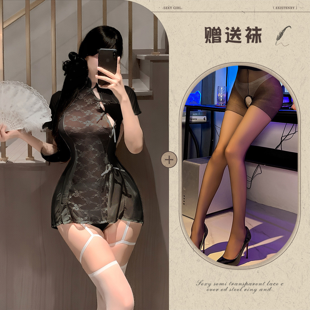 검정색 + 검정 오픈 크로치 스타킹