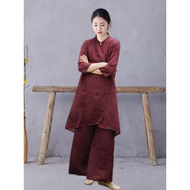 热销禅服佛系禅意素衣套装中式苎麻两件套斜襟居士服禅修服