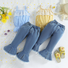 外贸欧美童装新款潮范女童夏装格子蕾丝边吊带牛仔喇叭裤儿童套装