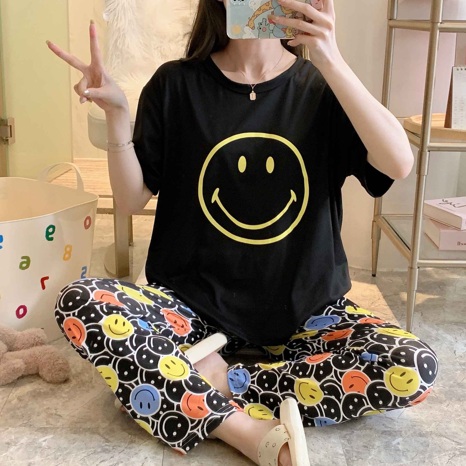 女性のためのパジャマ夏半袖韓国スタイル春と秋のかわいいズボン薄い 2025 ルーズホーム服セット大きいサイズ漫画