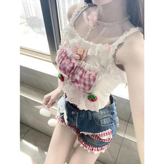 小众可爱少女设计感小清新蕾丝拼接蝴蝶结吊带上衣牛仔短裤两件套