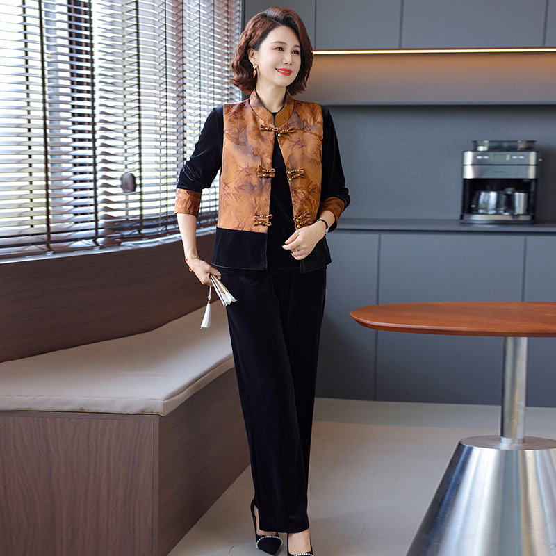 时尚妈妈金丝绒套装2025秋新款洋气中老年女装国风马甲裤子三件套|undefined