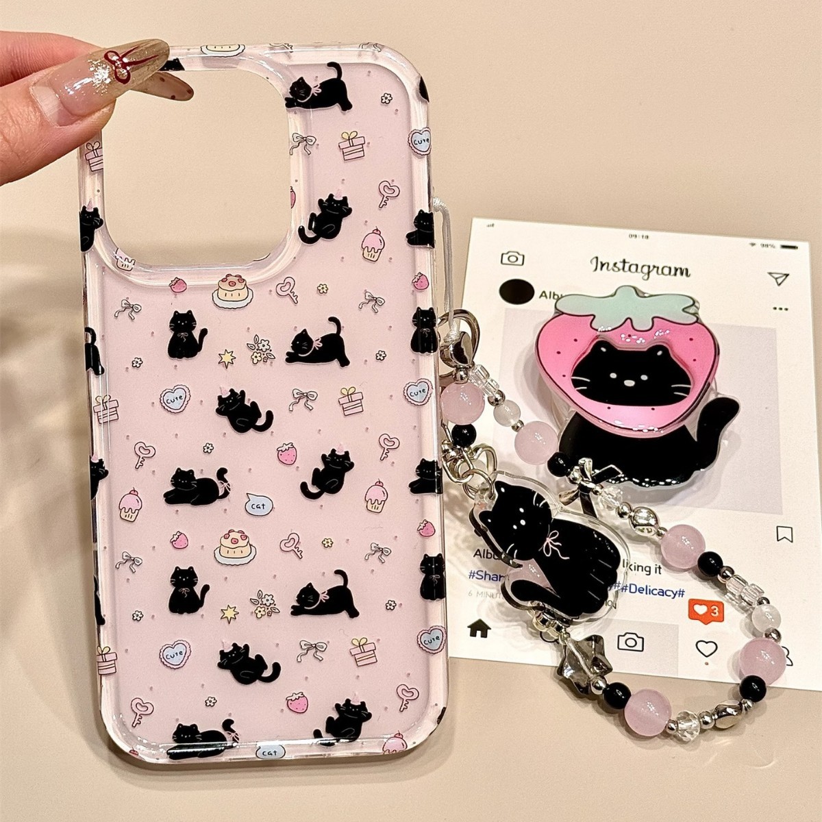 Lindo gato de fresa para iPhone 15Pro funda para teléfono móvil 16ProMsx soporte 13 Apple 14 cadena