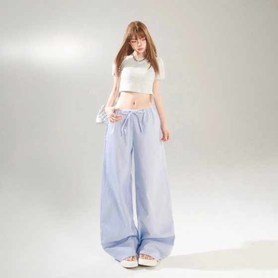 2 Colors Retro Low Waist Striped Loose Wide Leg Pants Spring and Summer Lace Lazy Drawstring Pants Women