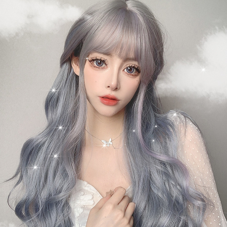 wig big wave Korean style two-dimensional female long curly hair full head cover blue high-grade skin color younger wig in stock