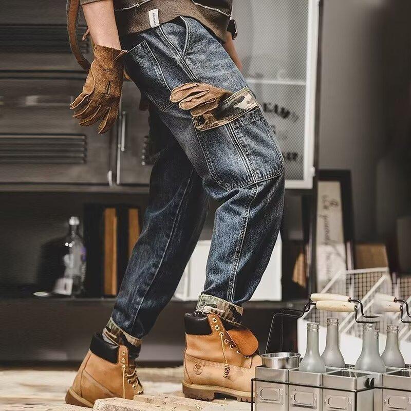 Men's American Heavyweight Distressed Workwear Jeans Loose Straight Leg Plus Size Blue Low Waist Trendy Spring Pants_voghion.com