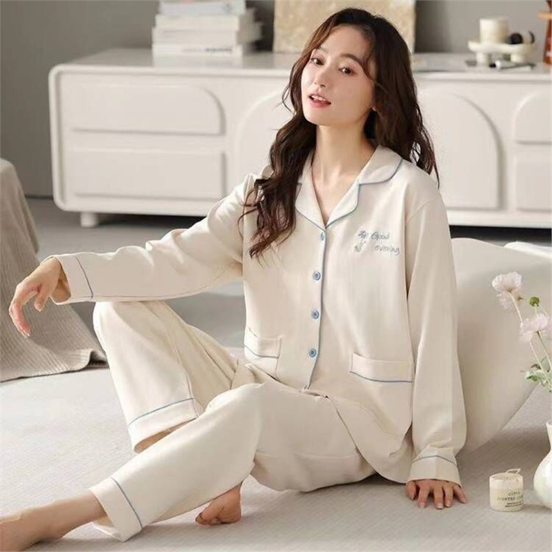 Pijama de algodón femenino primavera y otoño 2024 nuevo pantalón de manga larga para vestir en el exterior grande conjunto de ropa doméstica de mujer