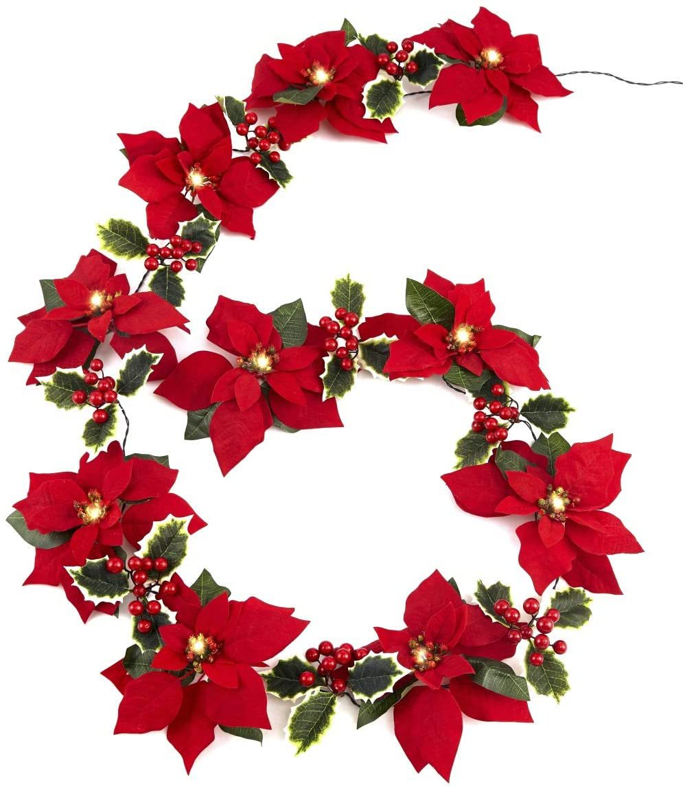 Navidad flor roja poinsettia Cadena de luz imitación terciopelo flor Amazon Garland decoración impermeable caja de batería