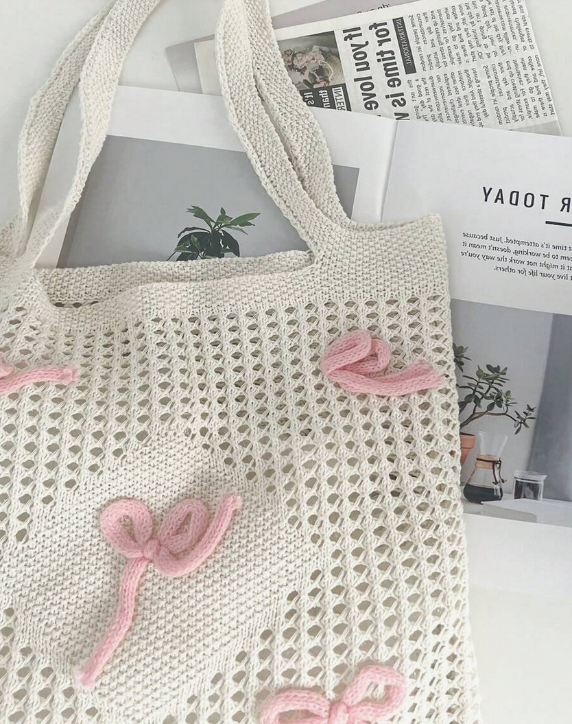 Square Bag Bags Type Women's Medium Polyester Bow Knot Cute Preppy Style Knitting Hollow Square Open Square Bag
