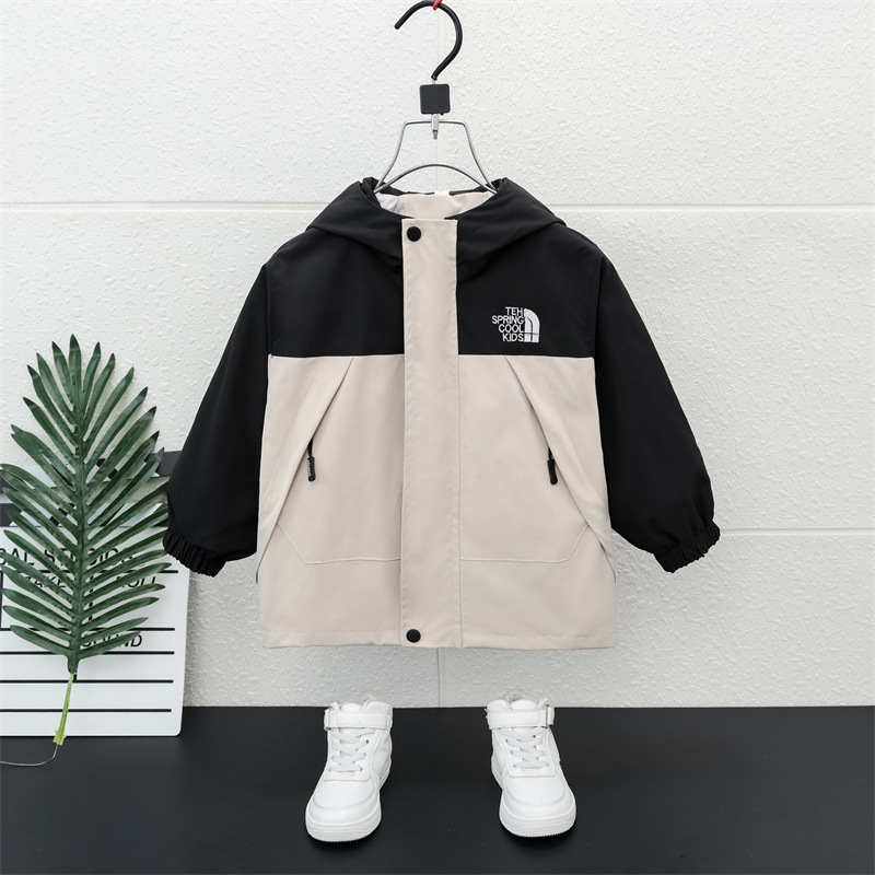 5880 Chaqueta de otoño para niños 2024 nuevo estilo rompevientos con capucha a juego de colores para niños, tops de primavera y otoño para niños guapos