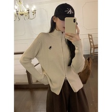 美式拉链高领针织开衫女秋冬季新款内搭毛衣外套黑色短款上衣工厂