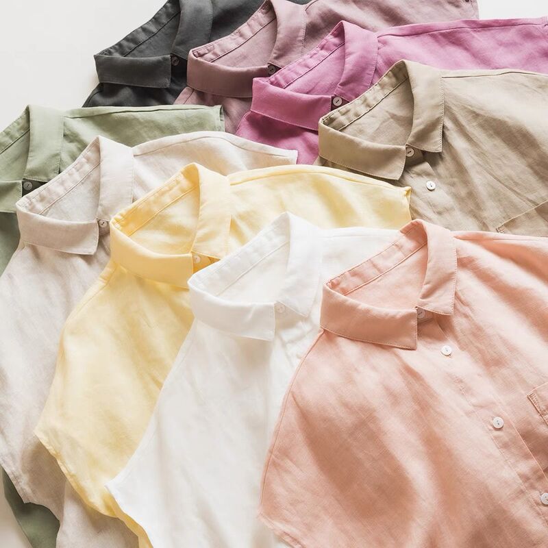 Japanese commuter simple 17*21 pure linen light and delicate literary loose small lapel short sleeve shirt top
