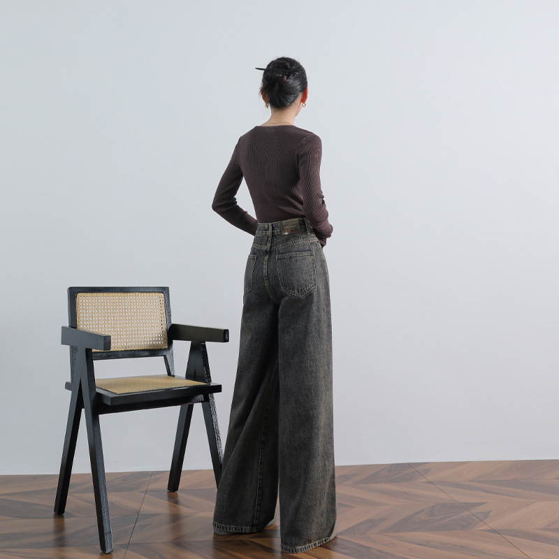 HYS | 2024 가을과 겨울 새로운 미국의 복고풍 향수 블루 그레이 느슨한 조커 넓은 다리 걸레 청바지 여성