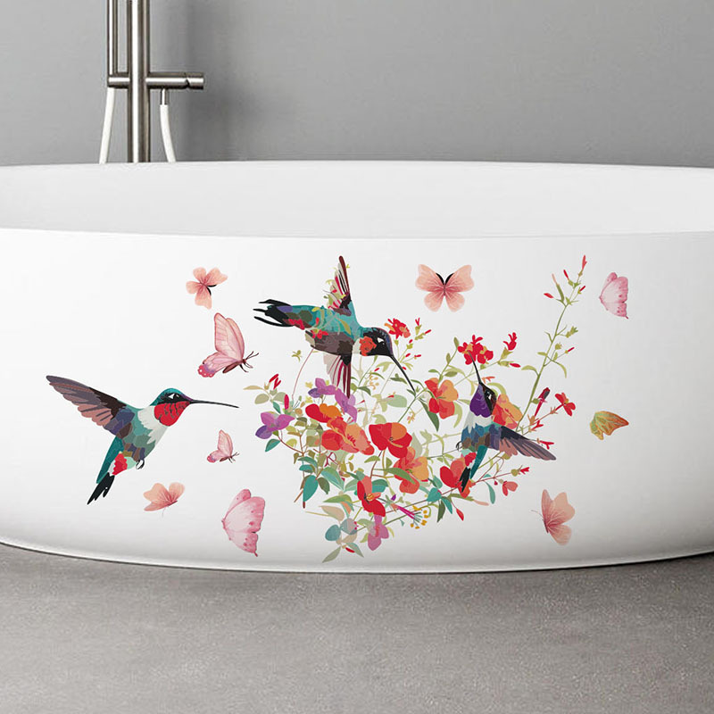 Cross-Border Magpie Flowers Butterfly Fresh Toilet Stickers Decorative Bathtub Basin Toilet Decorative Painting Removable Pvc Self-Adhesive