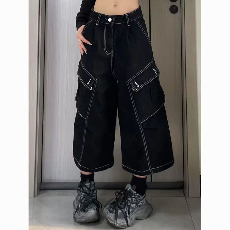 Black Topstitch Workwear Wide-Leg Cropped Jeans for Women, Niche Design, Loose Fit, Super Slimming Straight Pants, Trendy