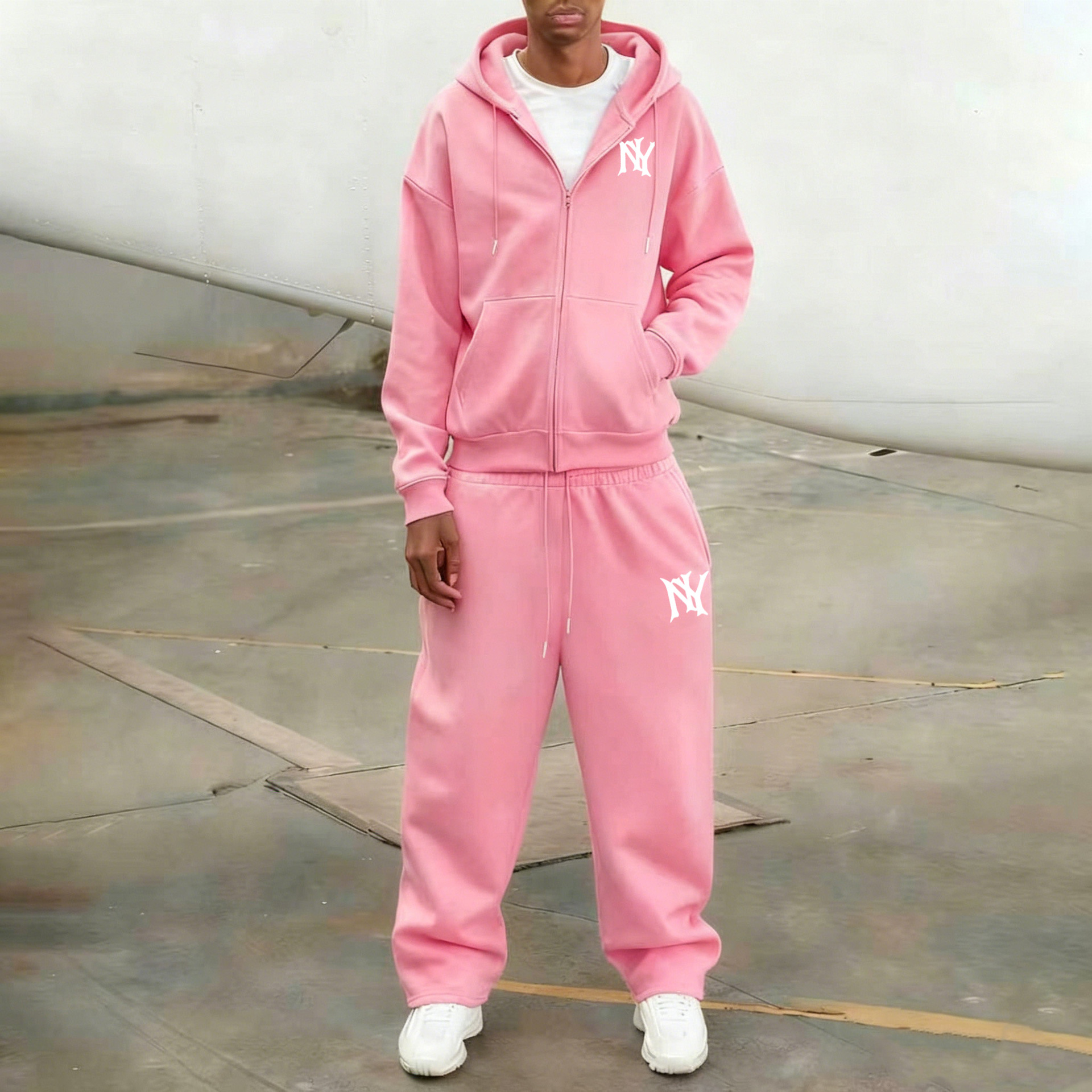 Men's NY Logo Hooded Zip Up Sweatshirt + Sweatpants Two Piece Set, Available In Multiple Colors, Casual High Street Sportswear_viptrois.com