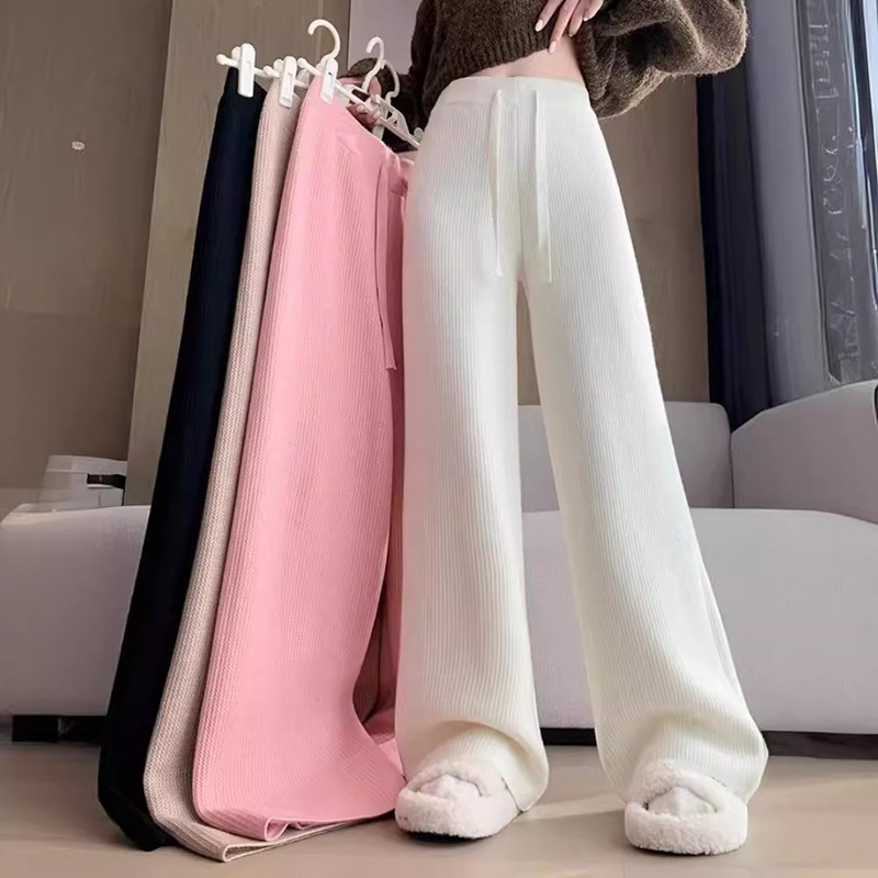 加绒保暖针织阔腿裤女秋冬新款加厚一体绒高腰垂感休闲直筒拖地裤