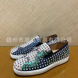 CL andgz红底鞋女鞋蓝绿蛇纹满银钉一脚蹬男鞋铆钉低帮休闲板鞋