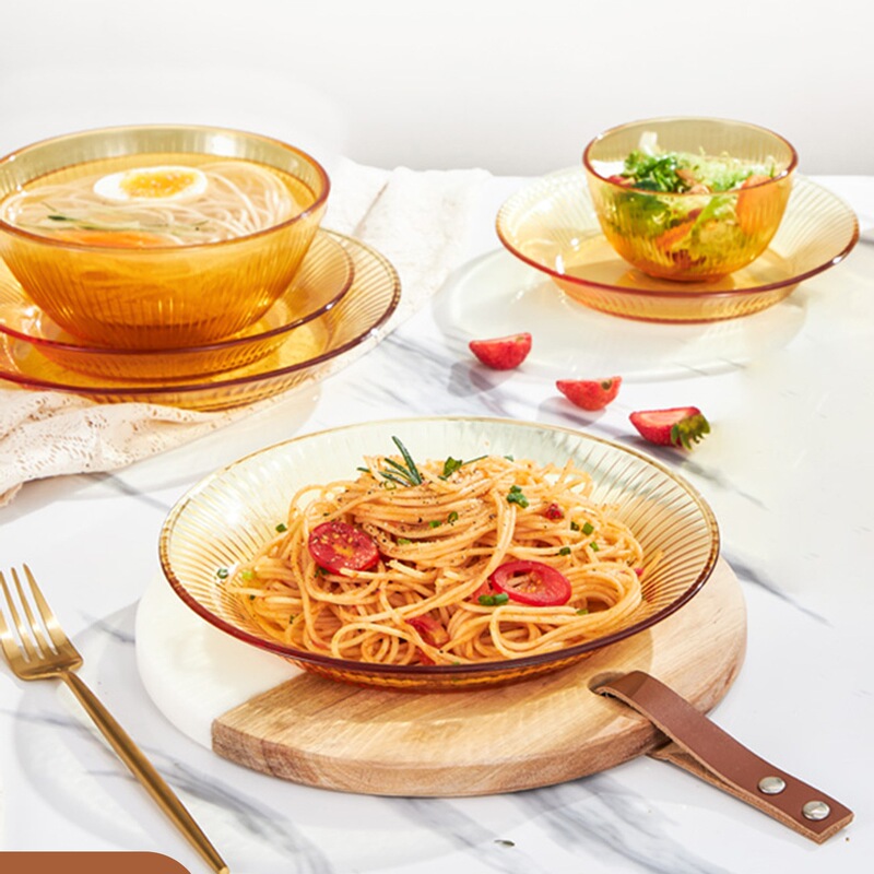 Corning Ekco Crystal Amber Glass Tableware Set Household High Temperature Resistant Bowl Plate Dish Salad Bowl Noodle Bowl