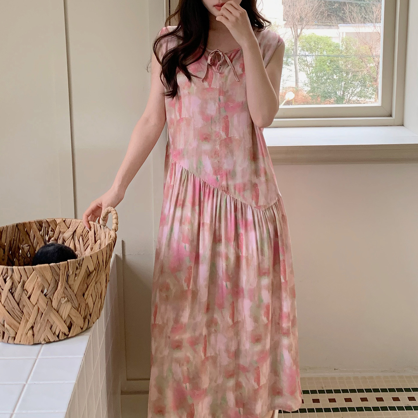 夏天无袖绵绸睡裙女可外穿背心连衣裙中长款棉绸凉快家居裙斜摆裙