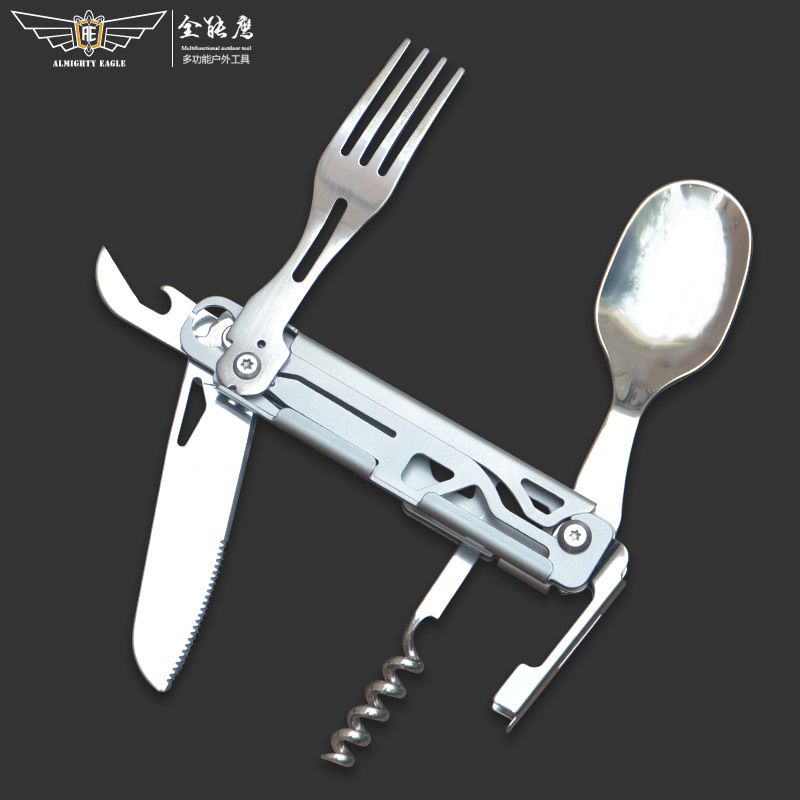 Nuevo multi-función cuchillo acampar al aire libre vajilla viaje portátil plegable cuchillo, tenedor y cuchara combinación comedor cuchillo botella de vino abridor