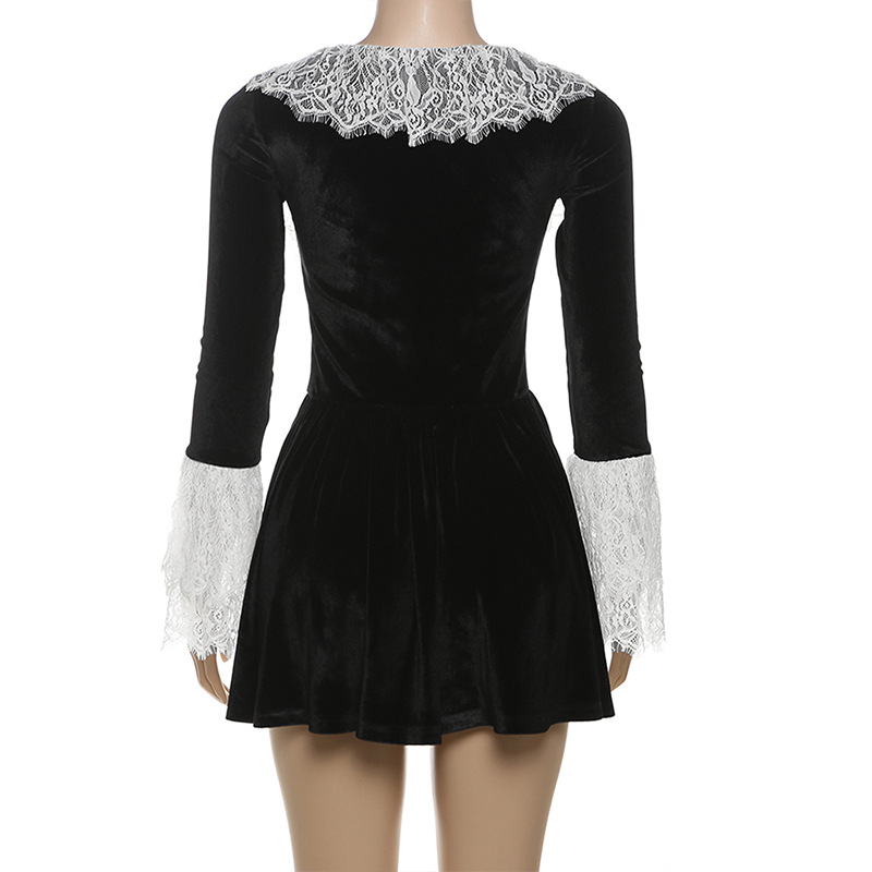 Women Clothing Autumn Winter French Square Collar Lace Bell Sleeve Dress Women