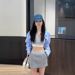 洋气时尚套装蓝色长袖衬衫背心拽酷辣妹秋季盐系炸街半身裙初秋女