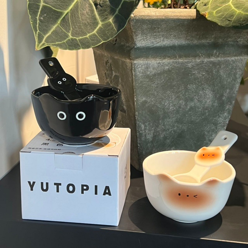 暹罗猫可爱陶瓷饭碗勺子套装学生儿童小碗带勺情侣餐具甜品麦片碗