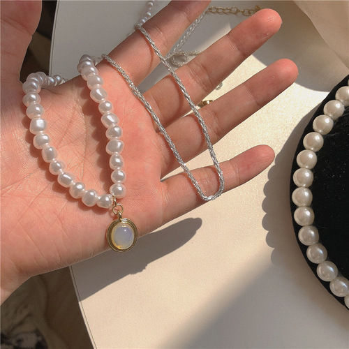 Sparkling + alien pearl necklace ~ stacked super temperament clavicle chain niche ins cold style necklace for women