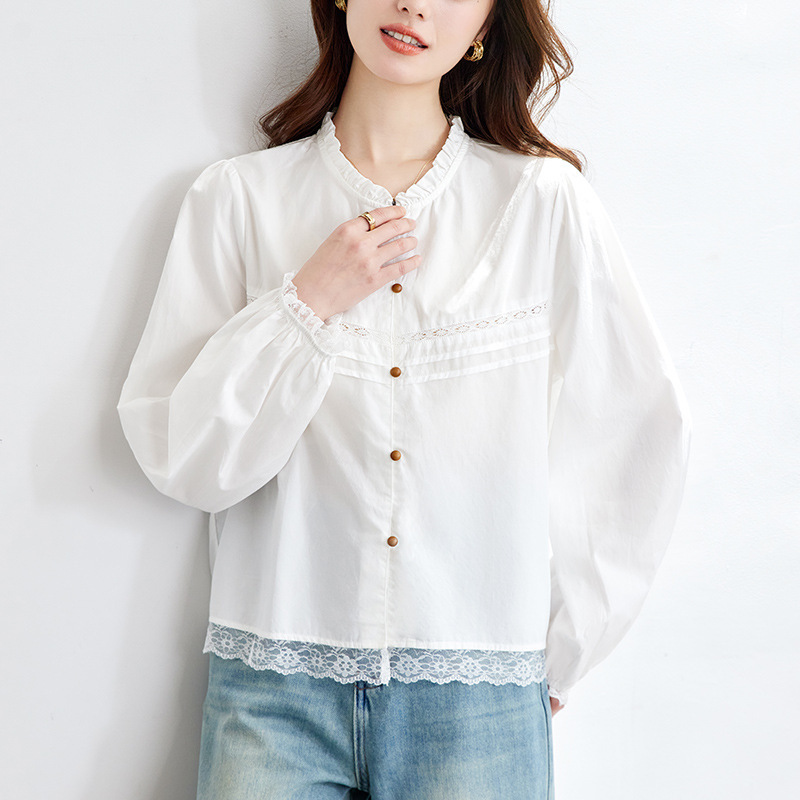 [Customized] Lace Embroidered Pleated Long-Sleeved Shirt, Artistic, Simple, Sweet and Cute Round Neck Versatile Shirt