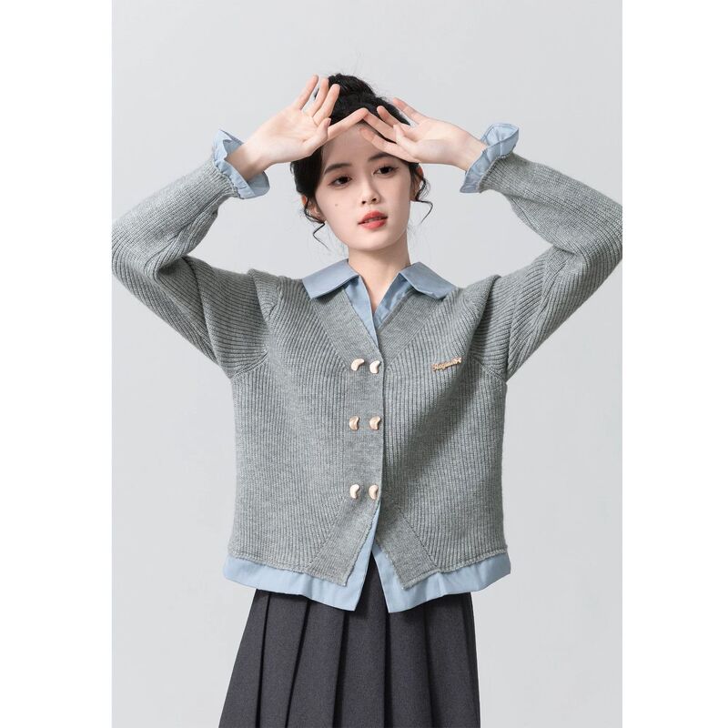 Spring and Autumn New Polo Collar Fake Two-Piece Spliced Knit Sweater for Women, Loose Short Cardigan, Slimming and Concealing Ins Sweater