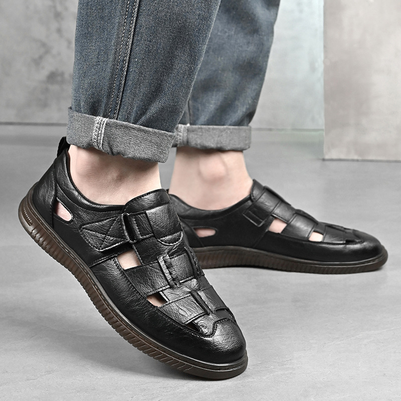 Men's Leather Sandals With Breathable Hollow Design For Summer_voghion.com