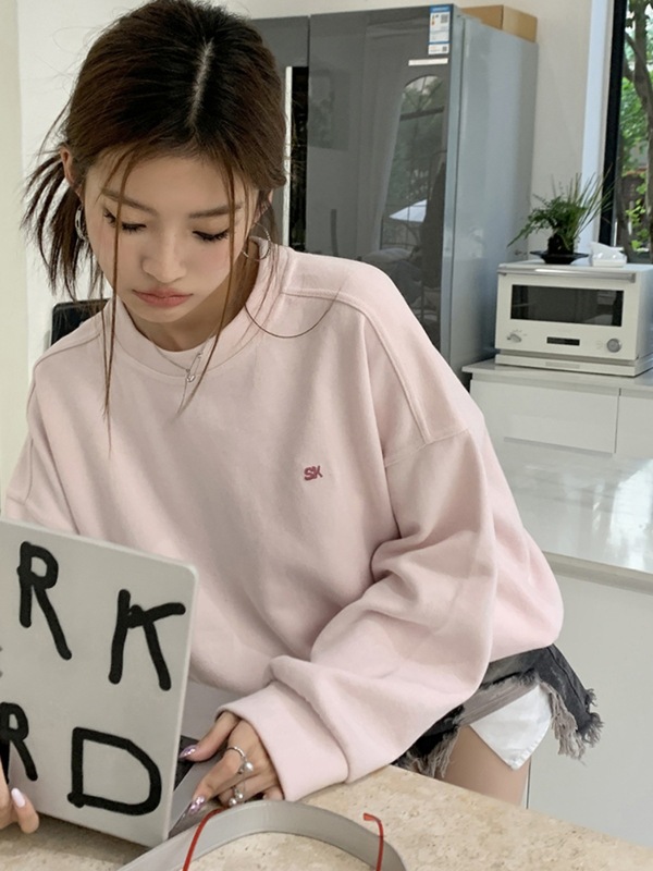 韩版简约浅粉色高级感超好看无帽卫衣女春秋字母落肩袖套头上衣女|undefined