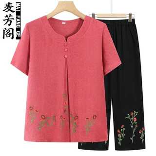 妈妈夏装假两件棉麻套装女中老年人夏季薄款圆领短袖洋气绣花上衣