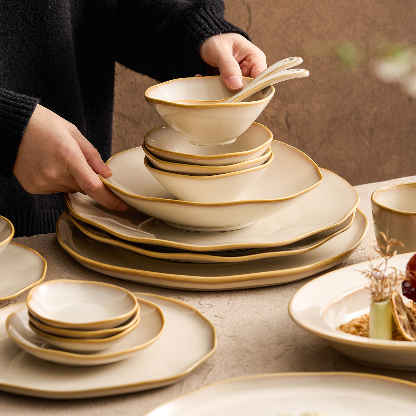 horno ondulado cubiertos de cerámica de viento de montaña platos de comedor para el hogar nuevo hogar cálido set de platos de porcelana