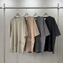 美式高街拼接炒雪花水洗做旧复古弹力宽松休闲短袖T恤落肩圆领Tee