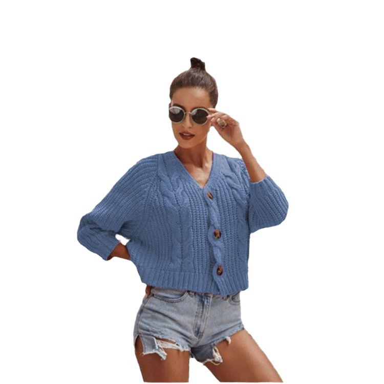 Comercio exterior transfronterizo europeo y americano nuevo botón de color sólido suéter de punto suelto cardigan Amazon nuevo suéter de abrigo para las mujeres