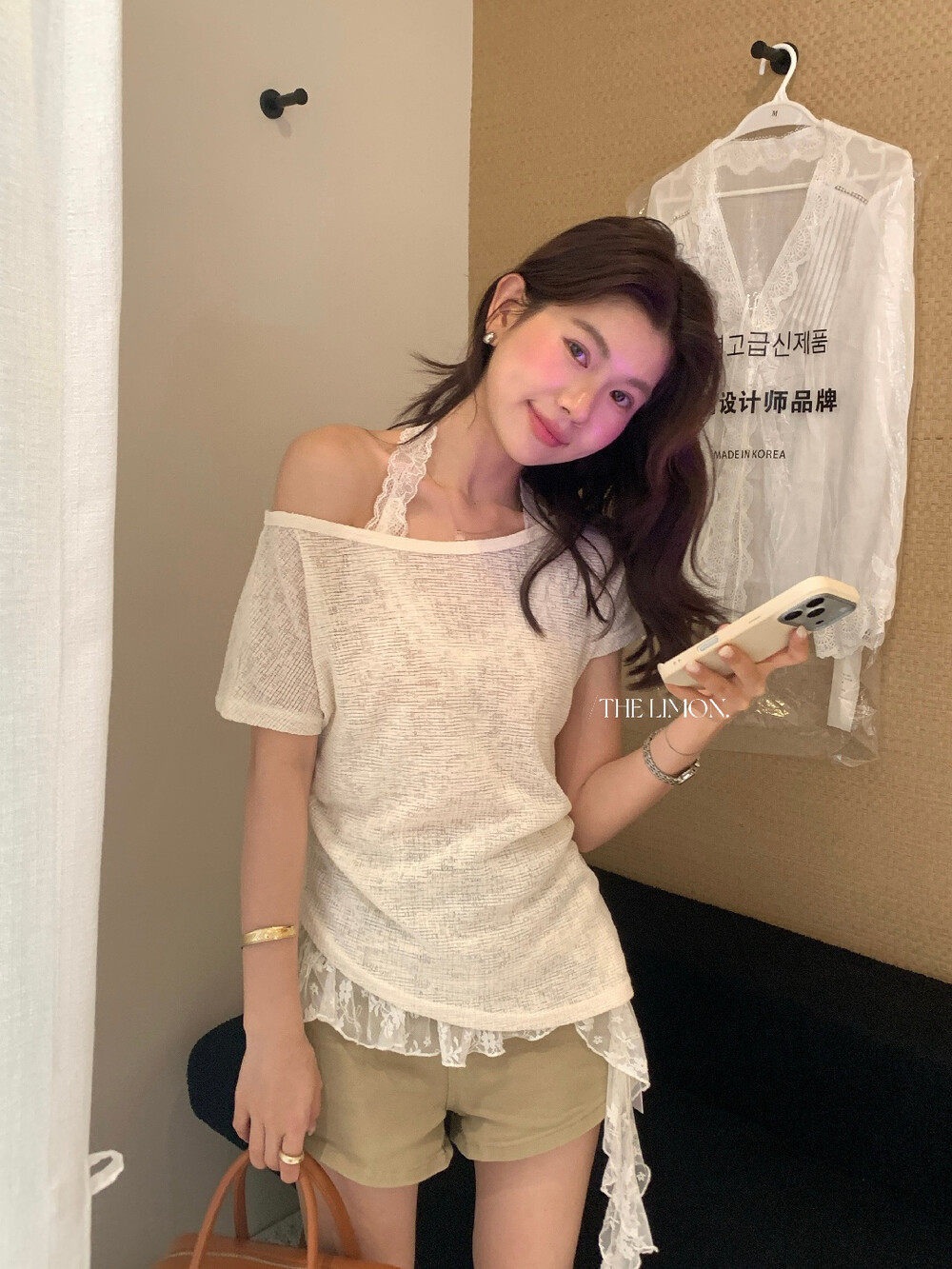 Bộ áo khoác chống nắng lệch vai kết hợp áo hai dây ren cổ yếm nữ tính mùa hè — màu mơ chi tiết 5
